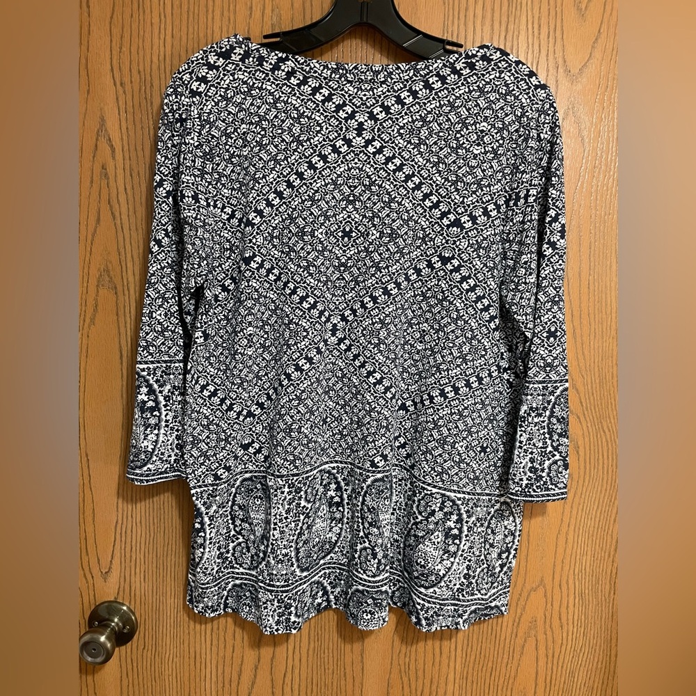 Lucky Brand Blouse in a Navy and White Pattern with Paisley Hem - Picture 3 of 9